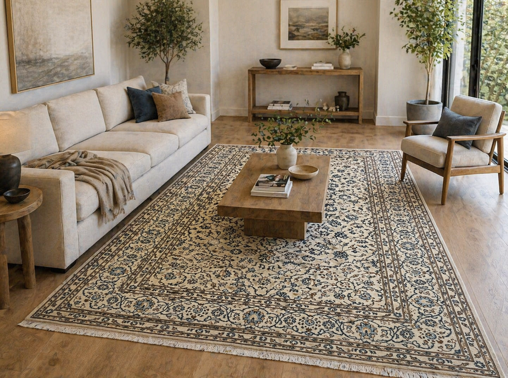 325 x 196 cm Hand-Knotted Persian Floral Kashan Cream Rug