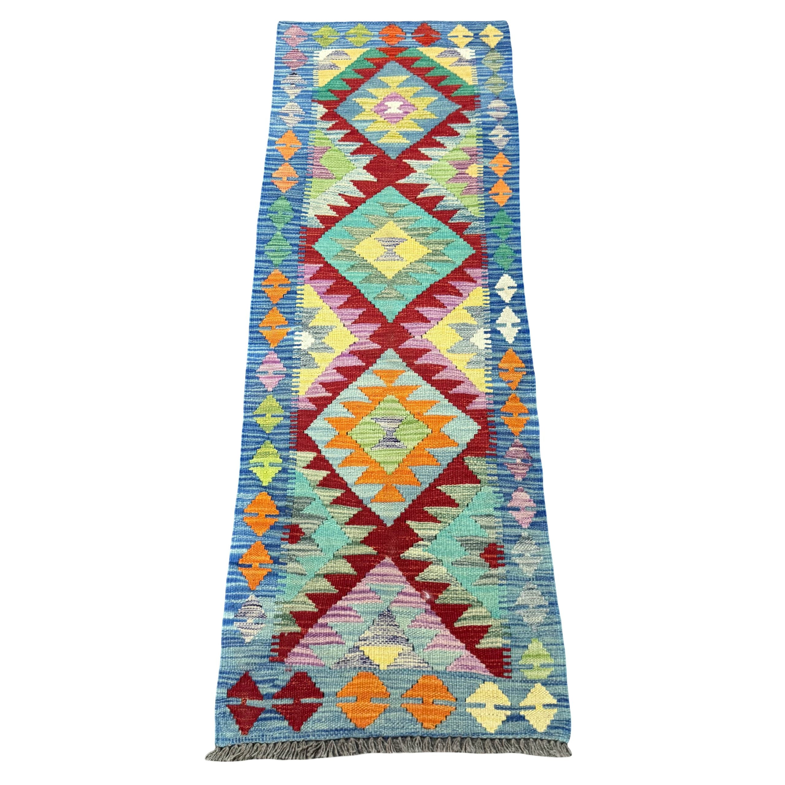 184 x 69 cm Hand-Woven Afghan Kilim Runner Rug – Wool Flatweave