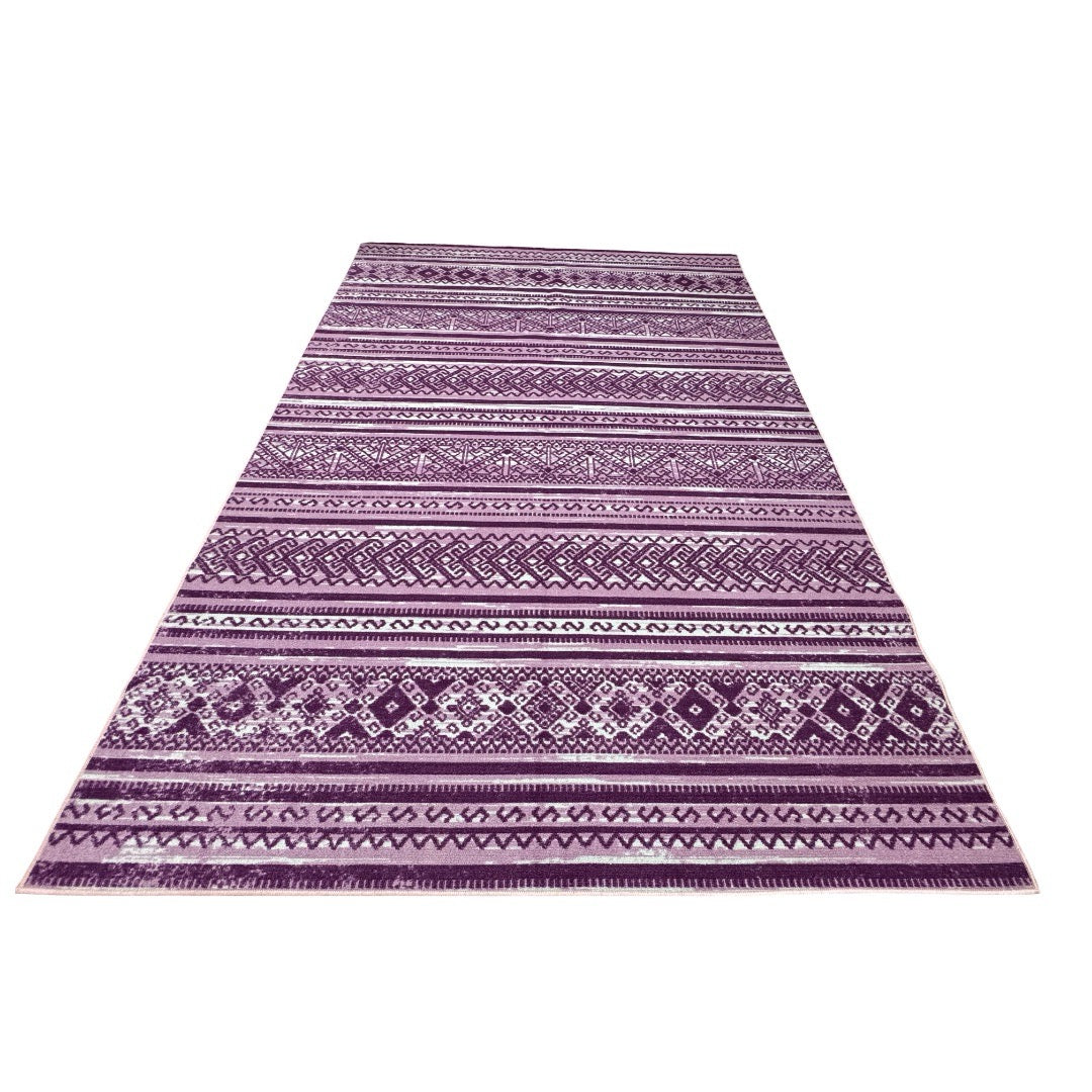 275 x 200 cm Purple & Cream Boho Tribal Pattern Non-Slip Area Rug
