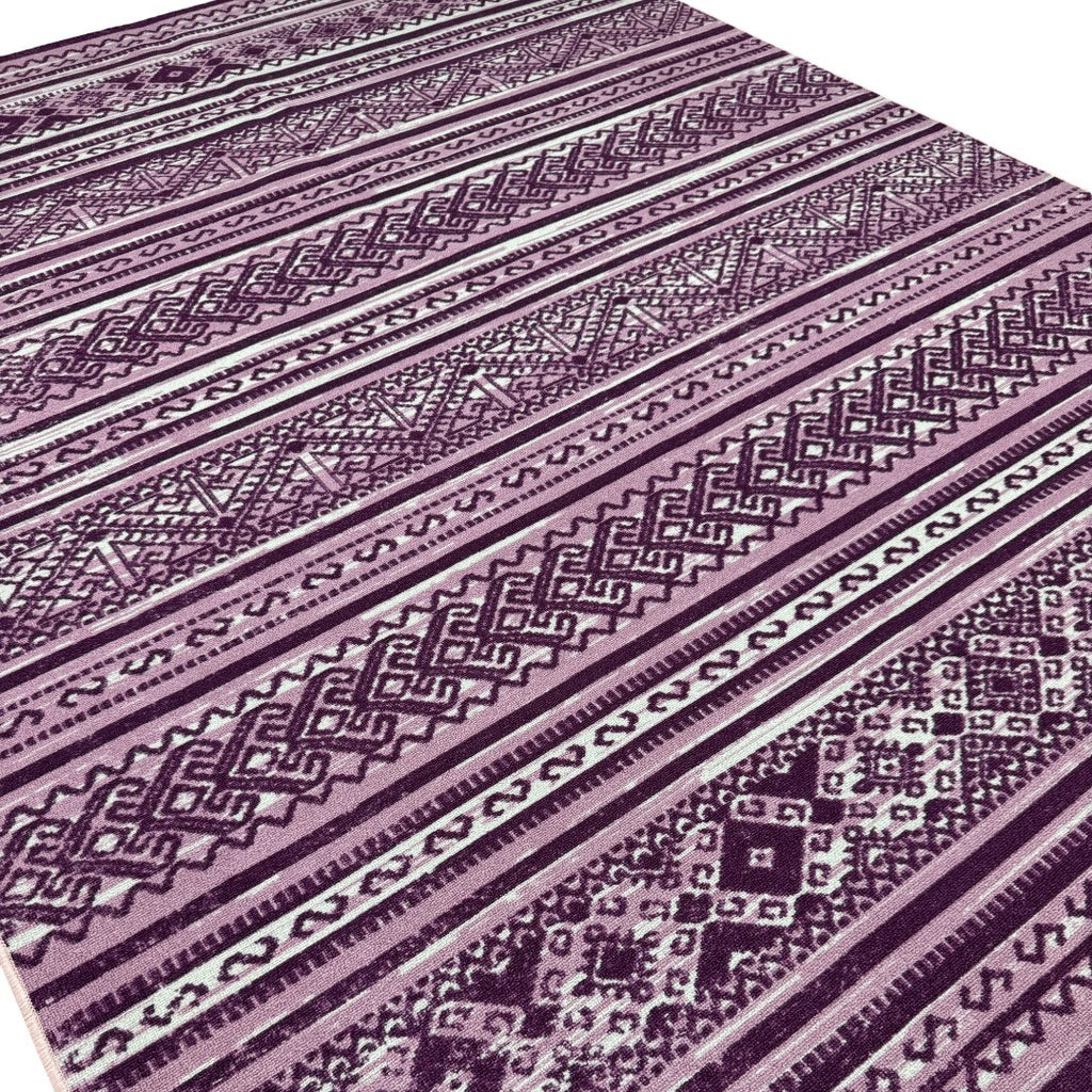 275 x 200 cm Purple & Cream Boho Tribal Pattern Non-Slip Area Rug