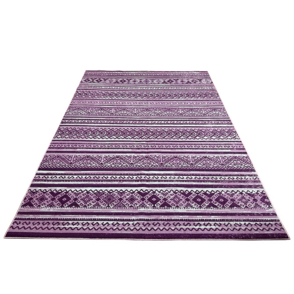 275 x 200 cm Purple & Cream Boho Tribal Pattern Non-Slip Area Rug