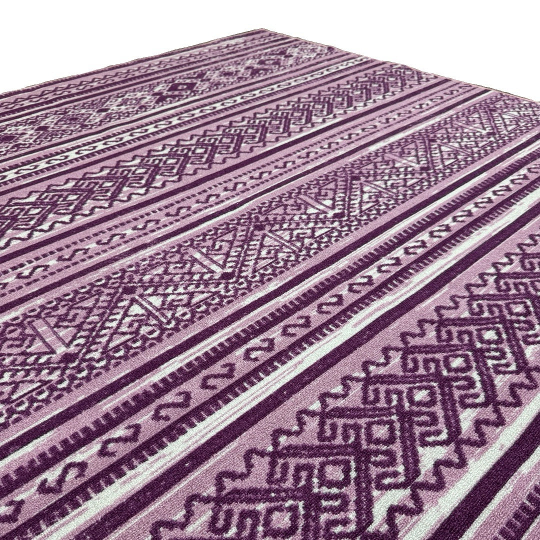 275 x 200 cm Purple & Cream Boho Tribal Pattern Non-Slip Area Rug