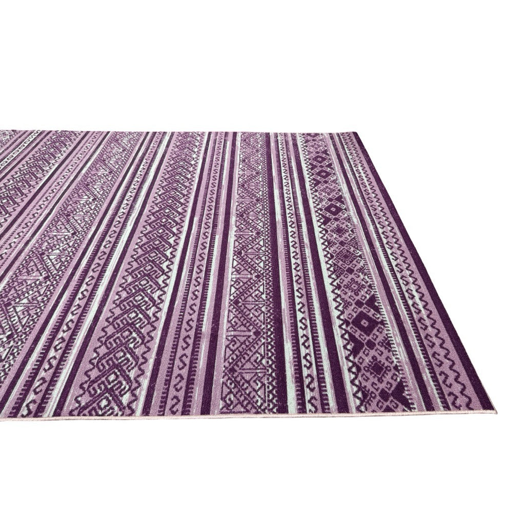 275 x 200 cm Purple & Cream Boho Tribal Pattern Non-Slip Area Rug