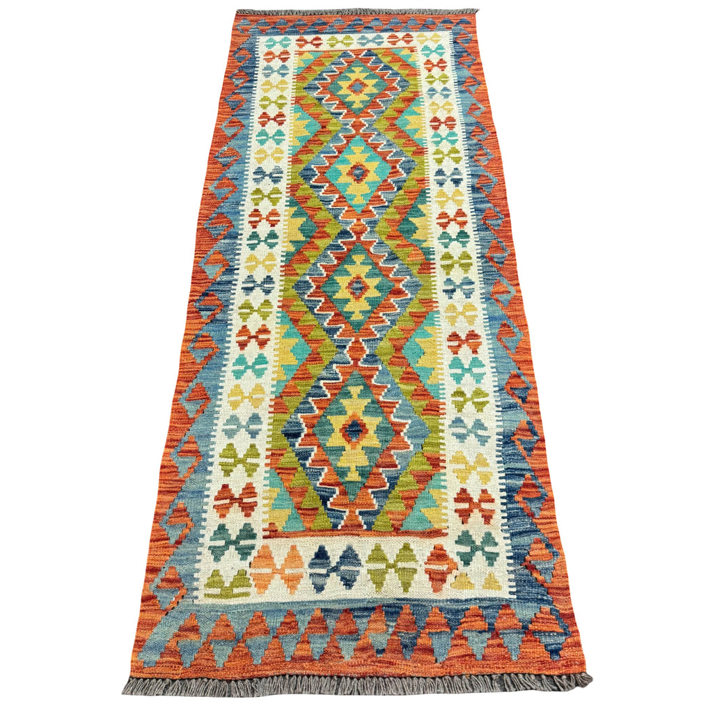 199 x 81 cm Hand-Woven Afghan Kilim Runner Rug – Wool Flatweave