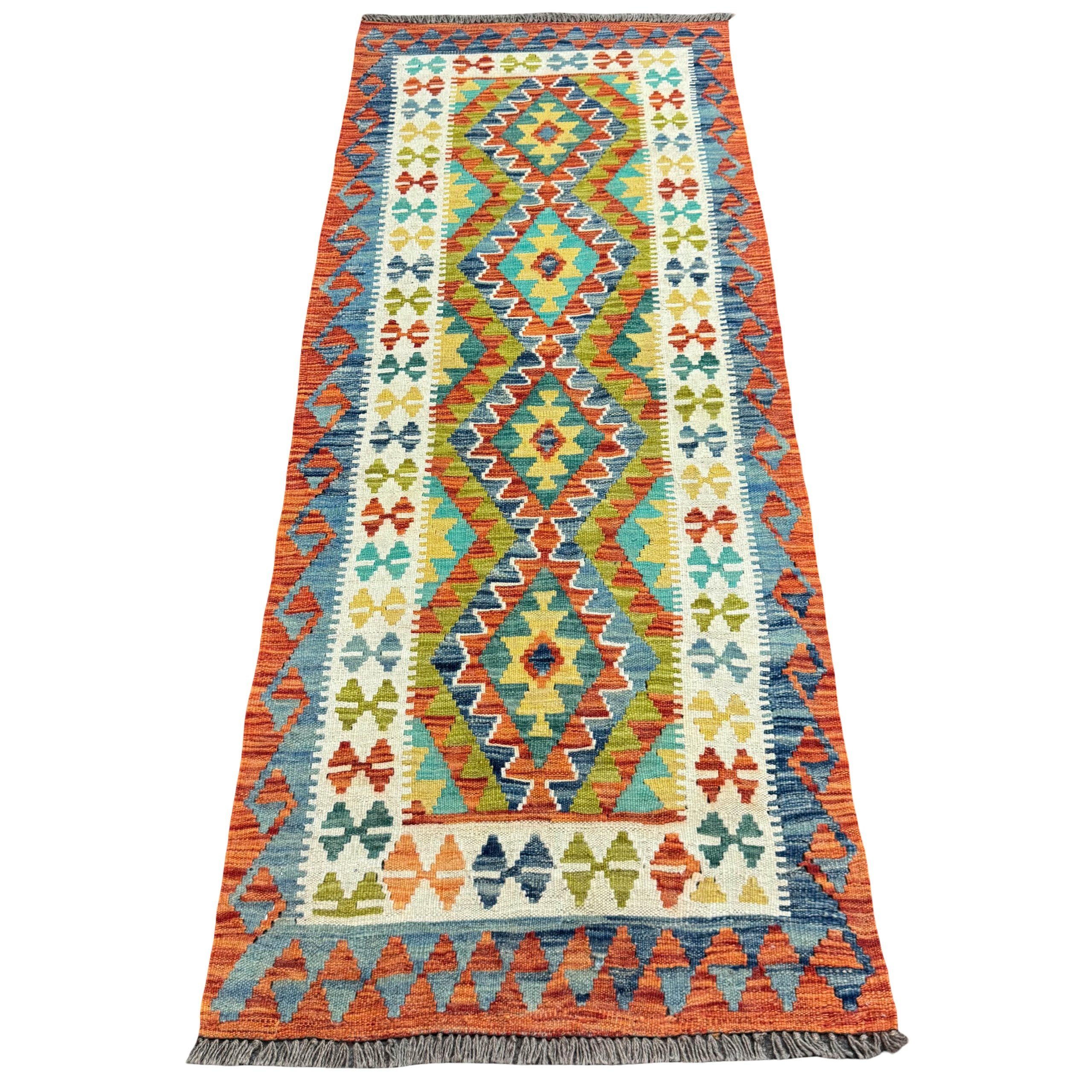 199 x 81 cm Hand-Woven Afghan Kilim Runner Rug – Wool Flatweave