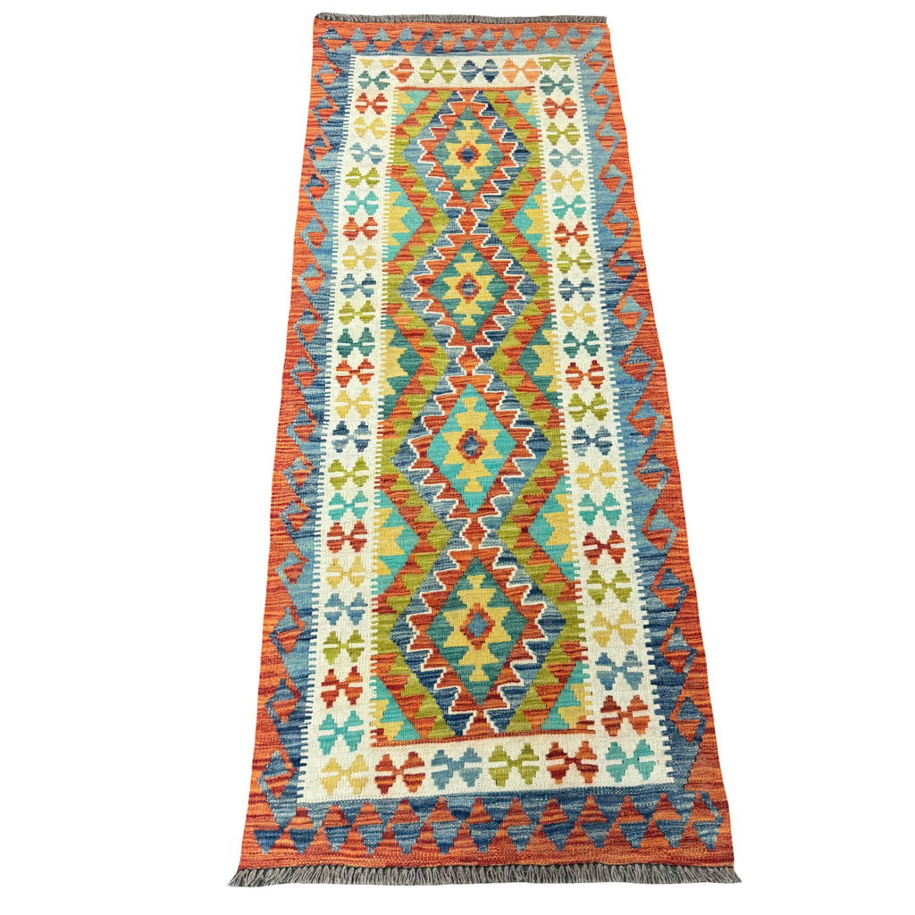 199 x 81 cm Hand-Woven Afghan Kilim Runner Rug – Wool Flatweave