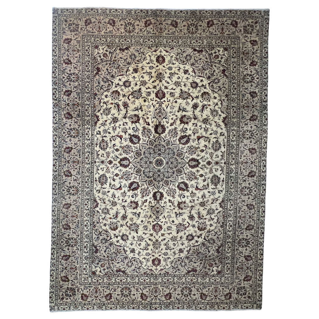 345 x 230 cm Hand-Knotted Persian Kashan Rug, Cream