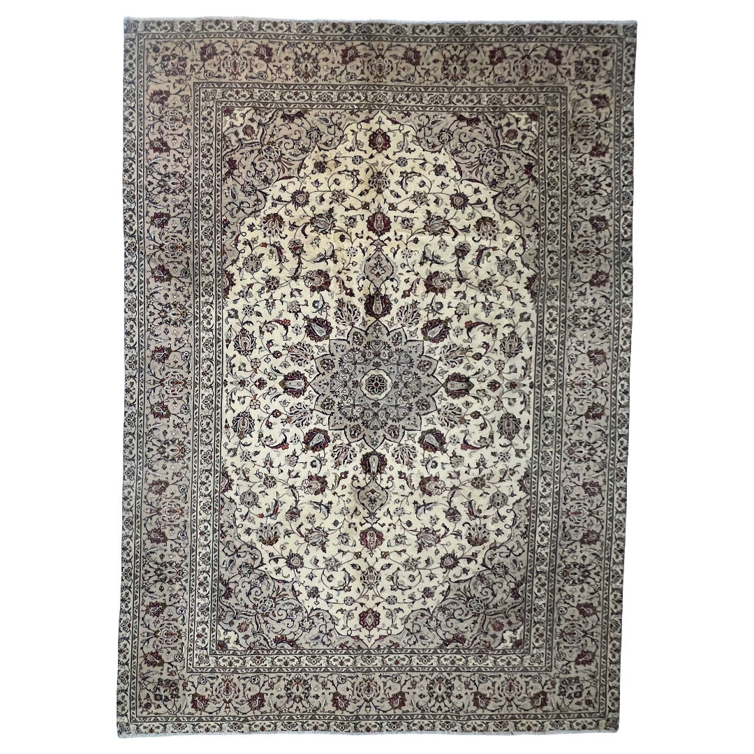 345 x 230 cm Hand-Knotted Persian Kashan Rug, Cream