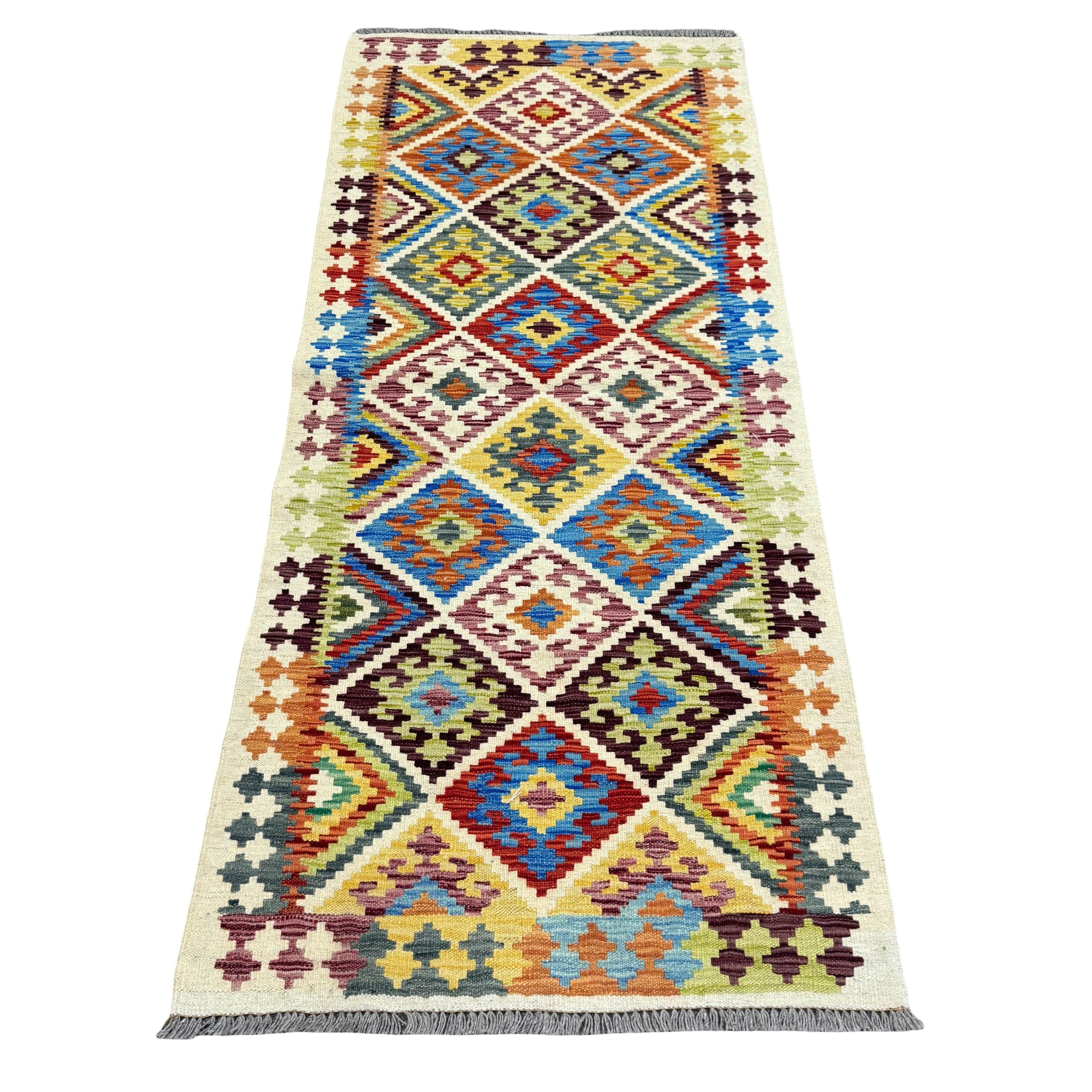 187 x 82 cm Hand-Woven Afghan Kilim Runner Rug – Wool Flatweave