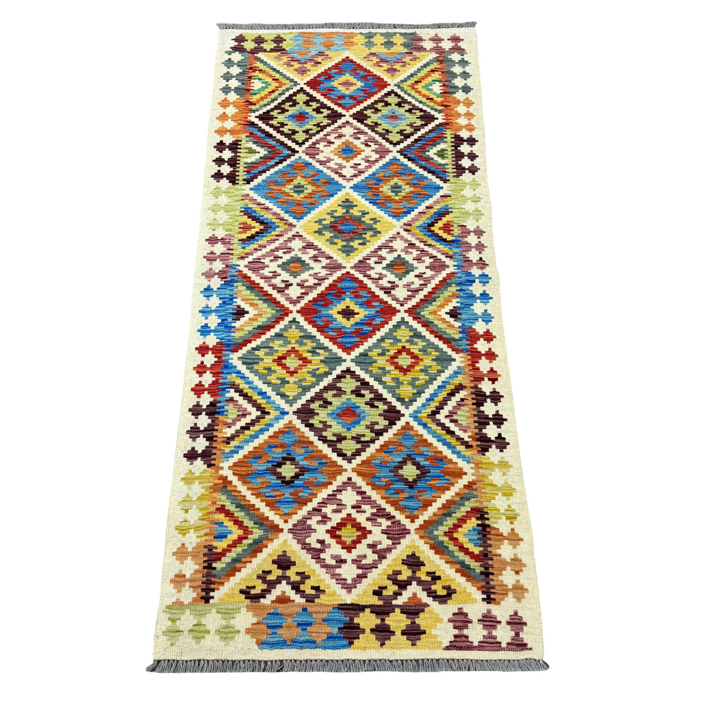187 x 82 cm Hand-Woven Afghan Kilim Runner Rug – Wool Flatweave