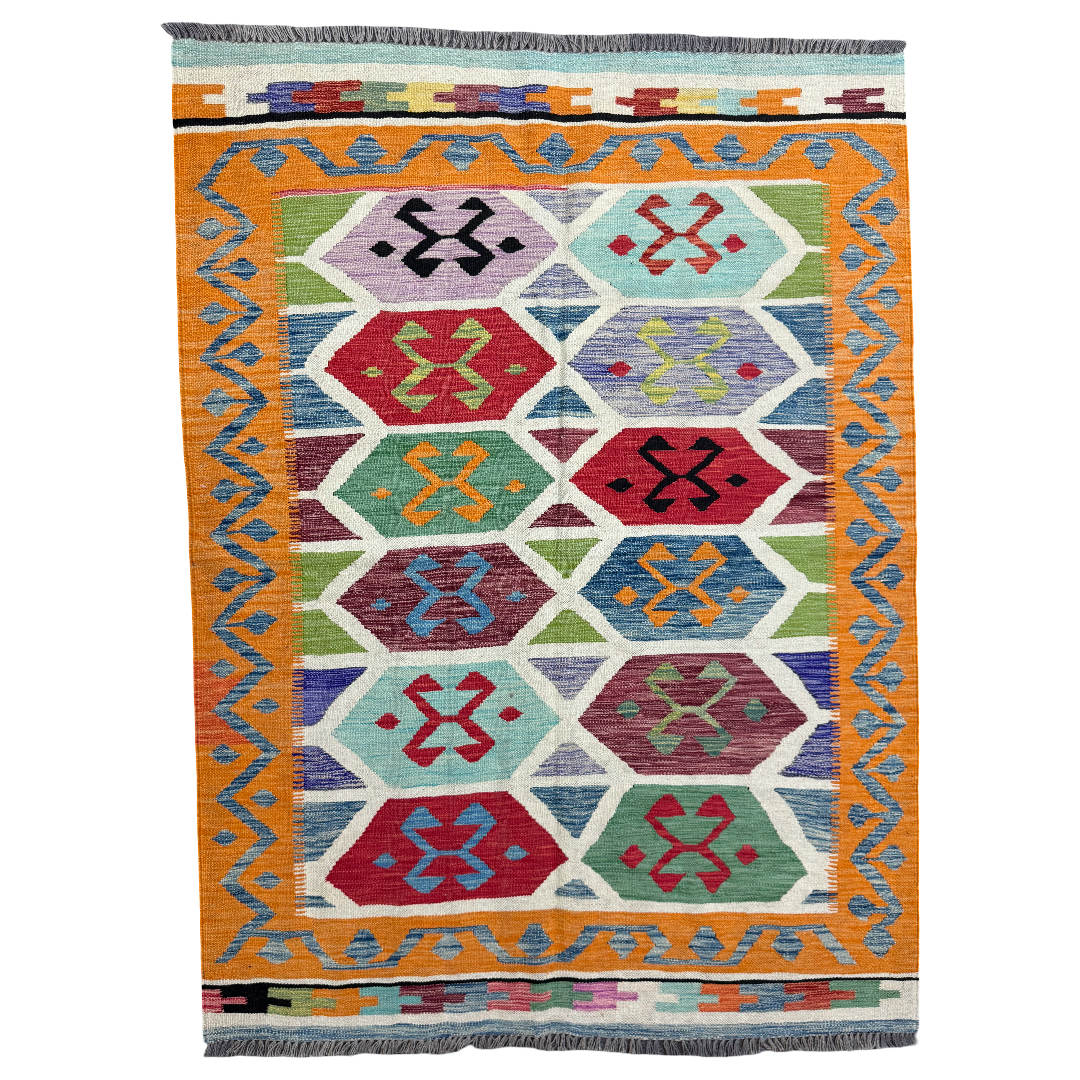 206 × 152 cm Hand-Woven Afghan Kilim Rug – Traditional Wool Flatweave