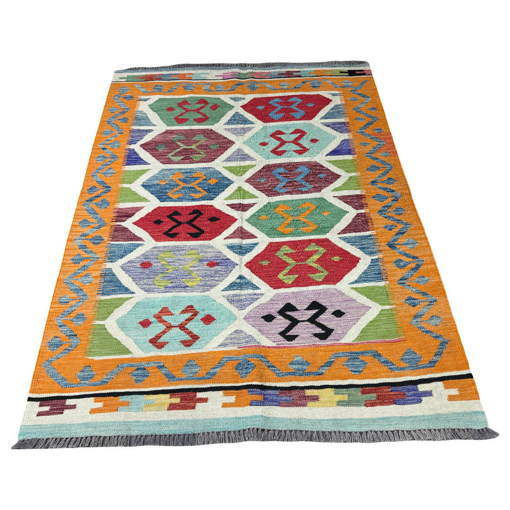 206 × 152 cm Hand-Woven Afghan Kilim Rug – Traditional Wool Flatweave