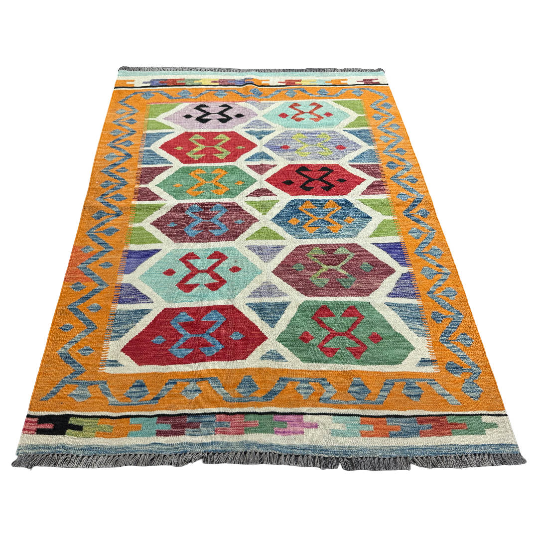 206 × 152 cm Hand-Woven Afghan Kilim Rug – Traditional Wool Flatweave