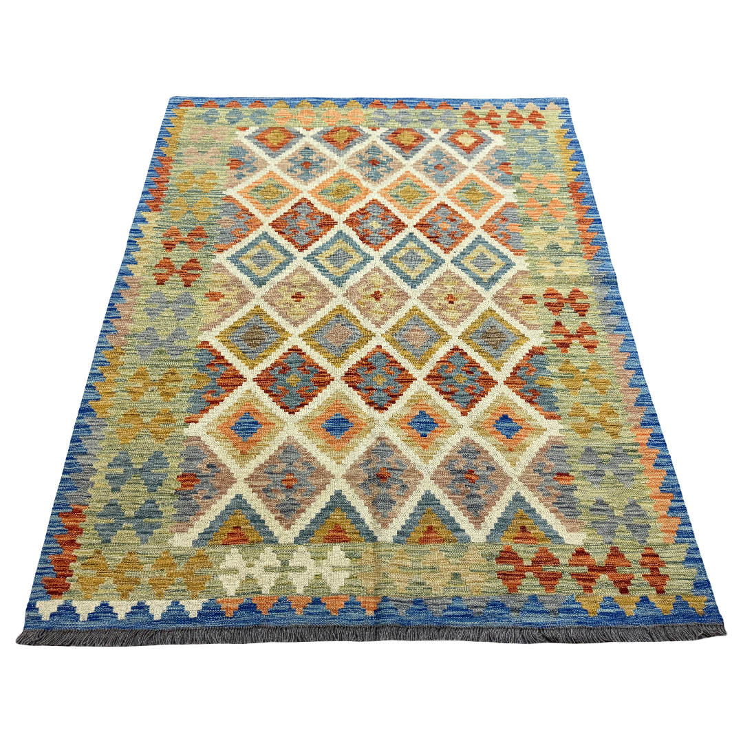 199 × 157 cm Hand-Woven Afghan Kilim Rug – Traditional Wool Flatweave