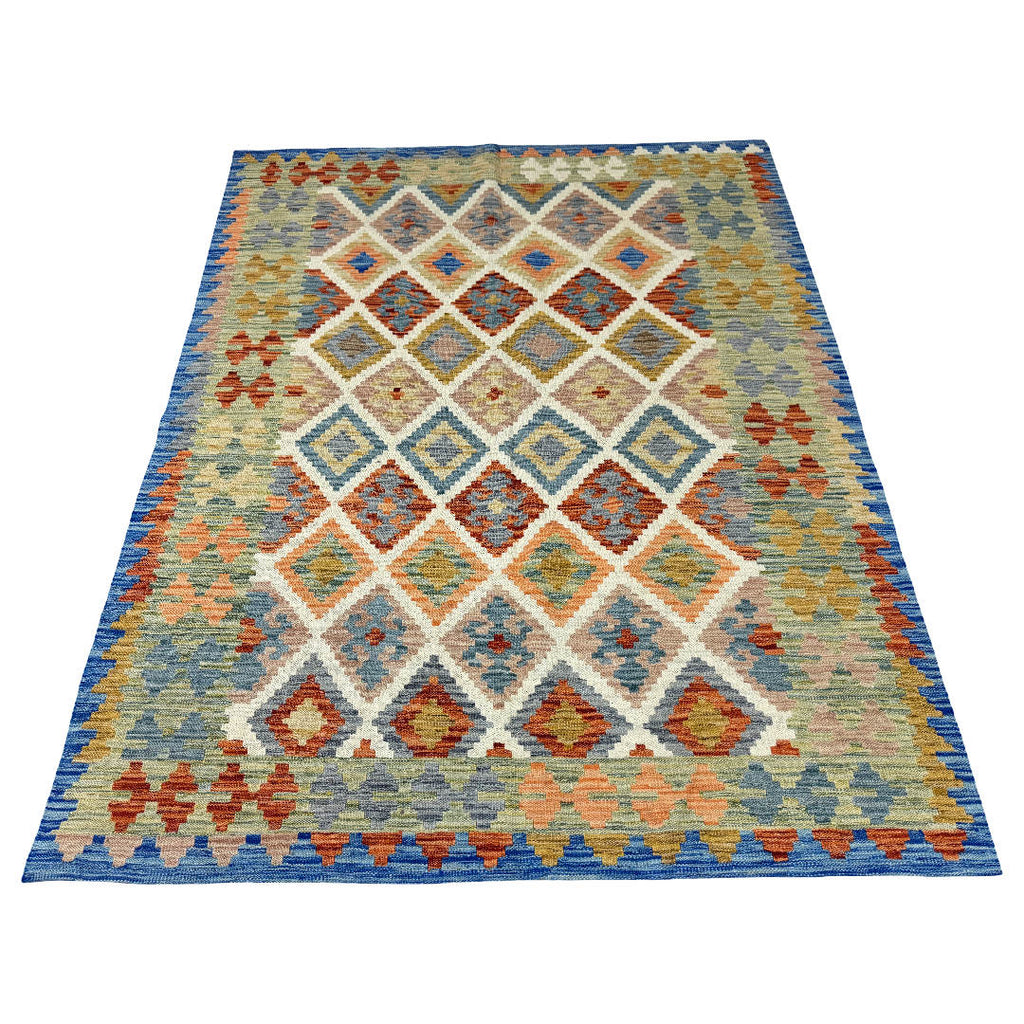 199 × 157 cm Hand-Woven Afghan Kilim Rug – Traditional Wool Flatweave