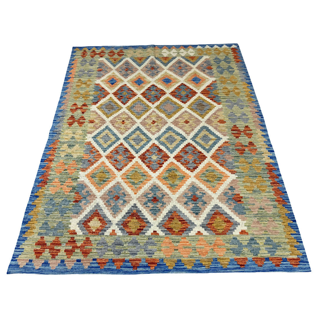 199 × 157 cm Hand-Woven Afghan Kilim Rug – Traditional Wool Flatweave