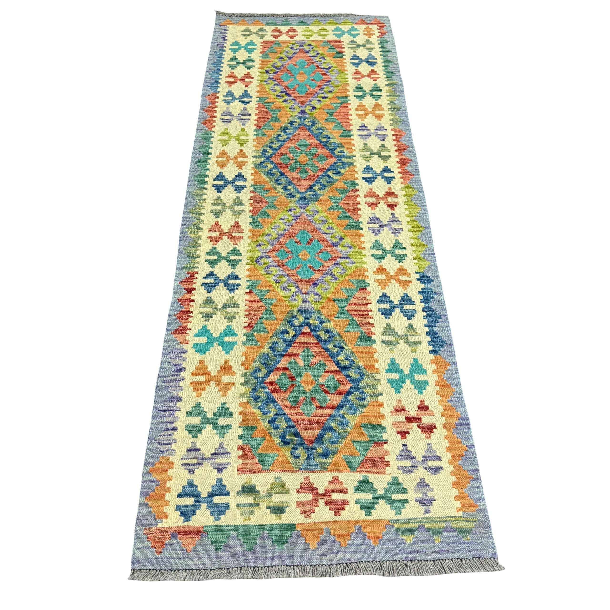 246 x 82 cm Hand-Woven Afghan Kilim Runner Rug – Wool Flatweave