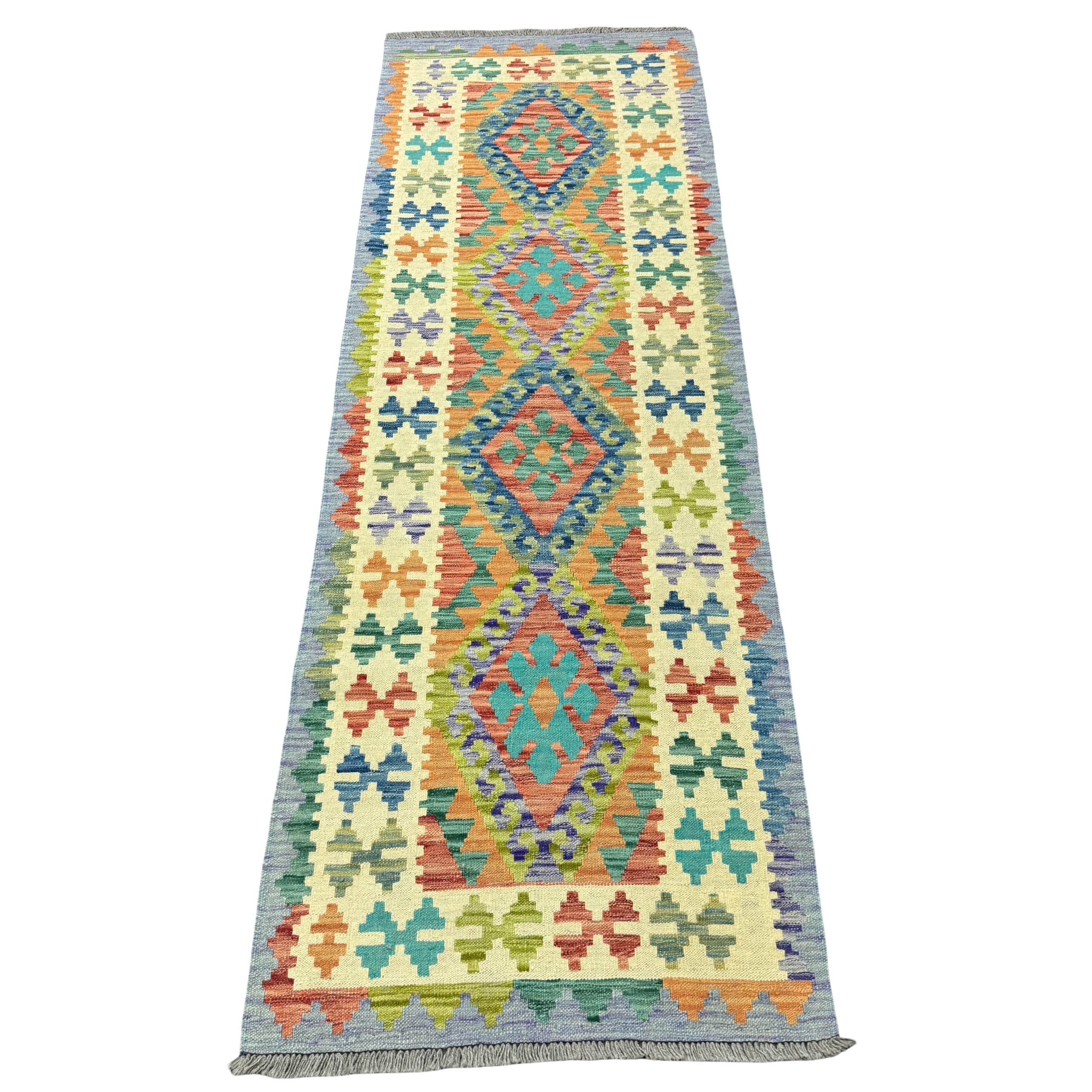 246 x 82 cm Hand-Woven Afghan Kilim Runner Rug – Wool Flatweave