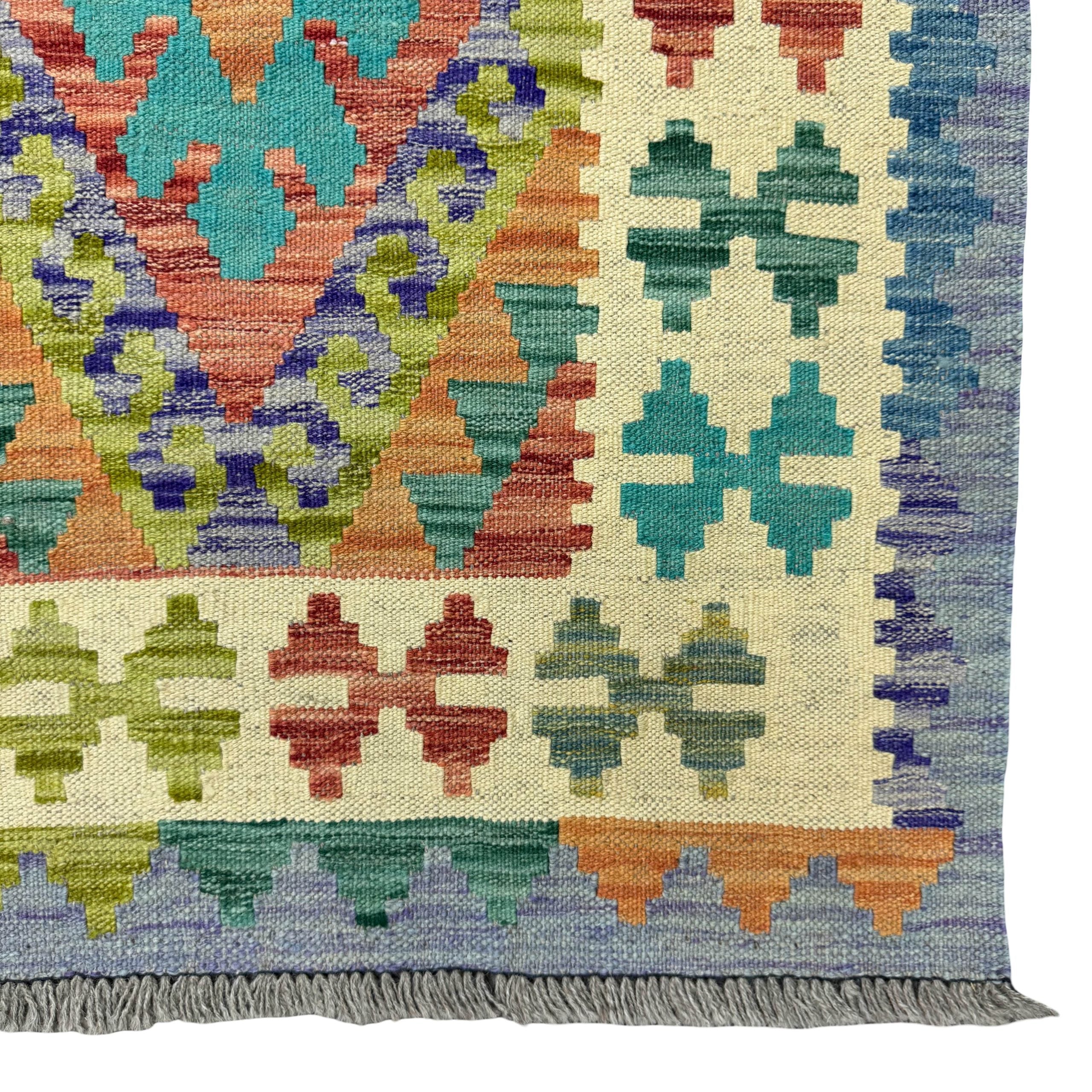 246 x 82 cm Hand-Woven Afghan Kilim Runner Rug – Wool Flatweave