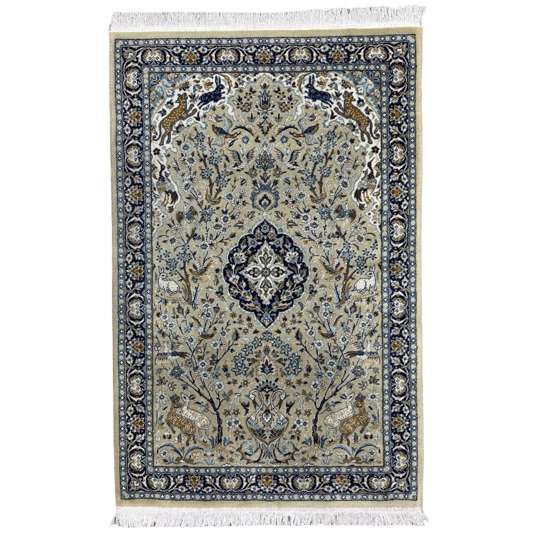 165 x 105 cm Persian Garden Scene Rug – Birds & Animals in Creamy Ecru Beige & Navy