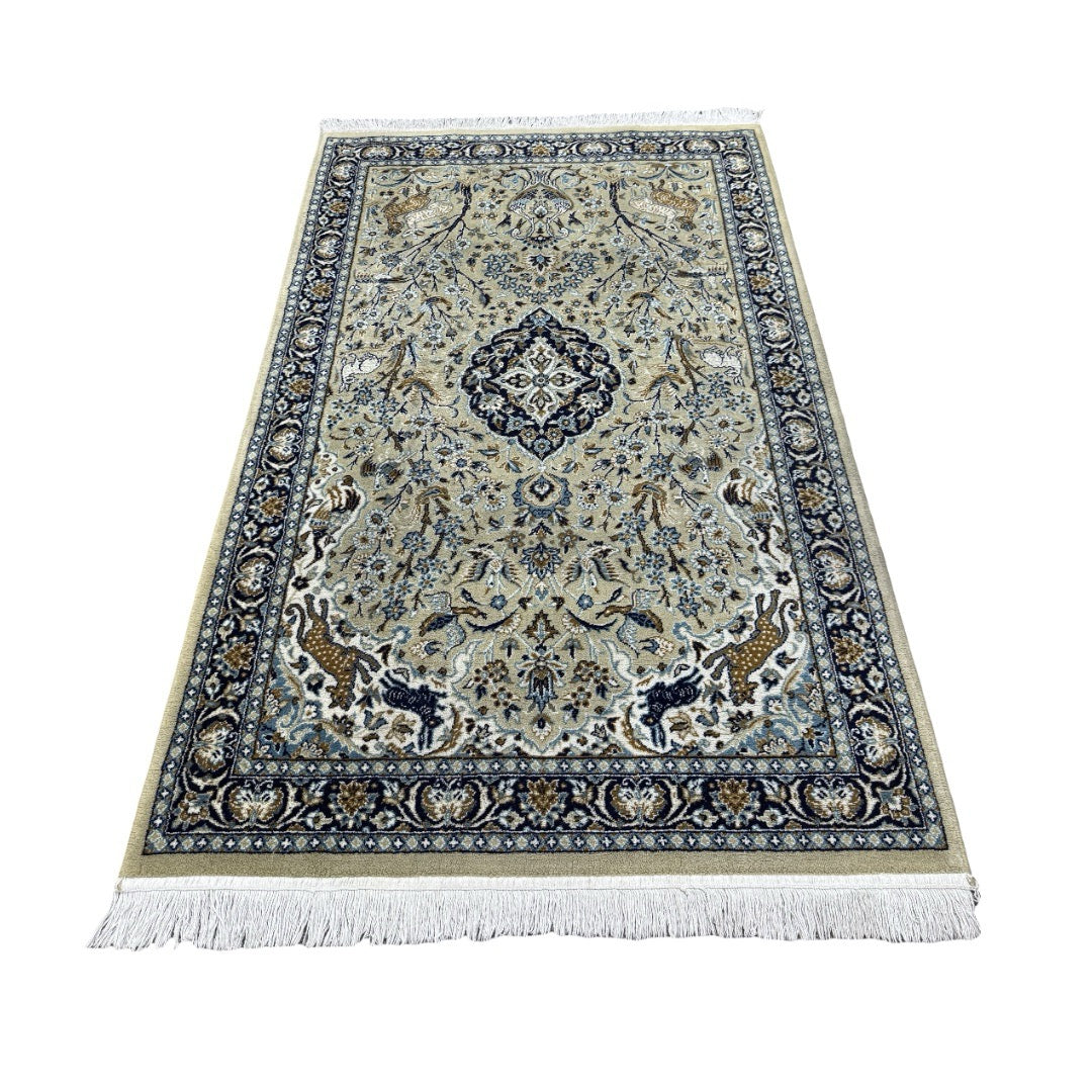 165 x 105 cm Persian Garden Scene Rug – Birds & Animals in Creamy Ecru Beige & Navy