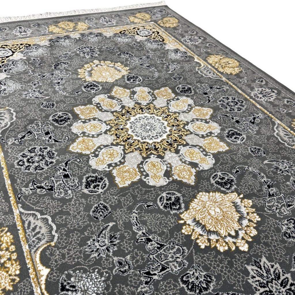 Charcoal and gold Persian rug detail