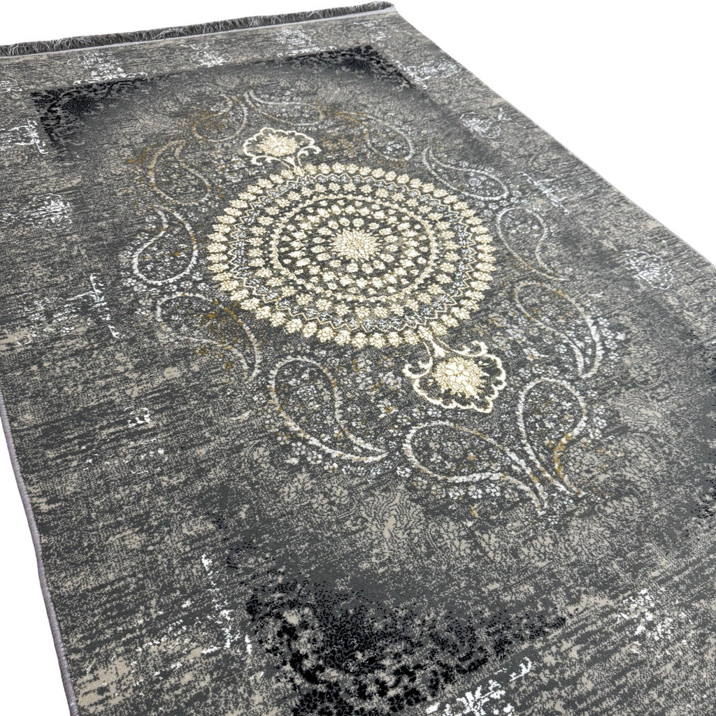 Vintage grey floral medallion rug detail
