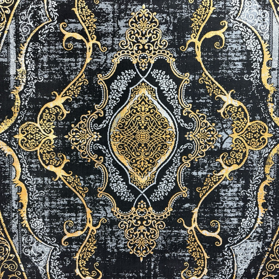 230 x 160 cm Black & Gold Distressed Medallion Turkish Rug