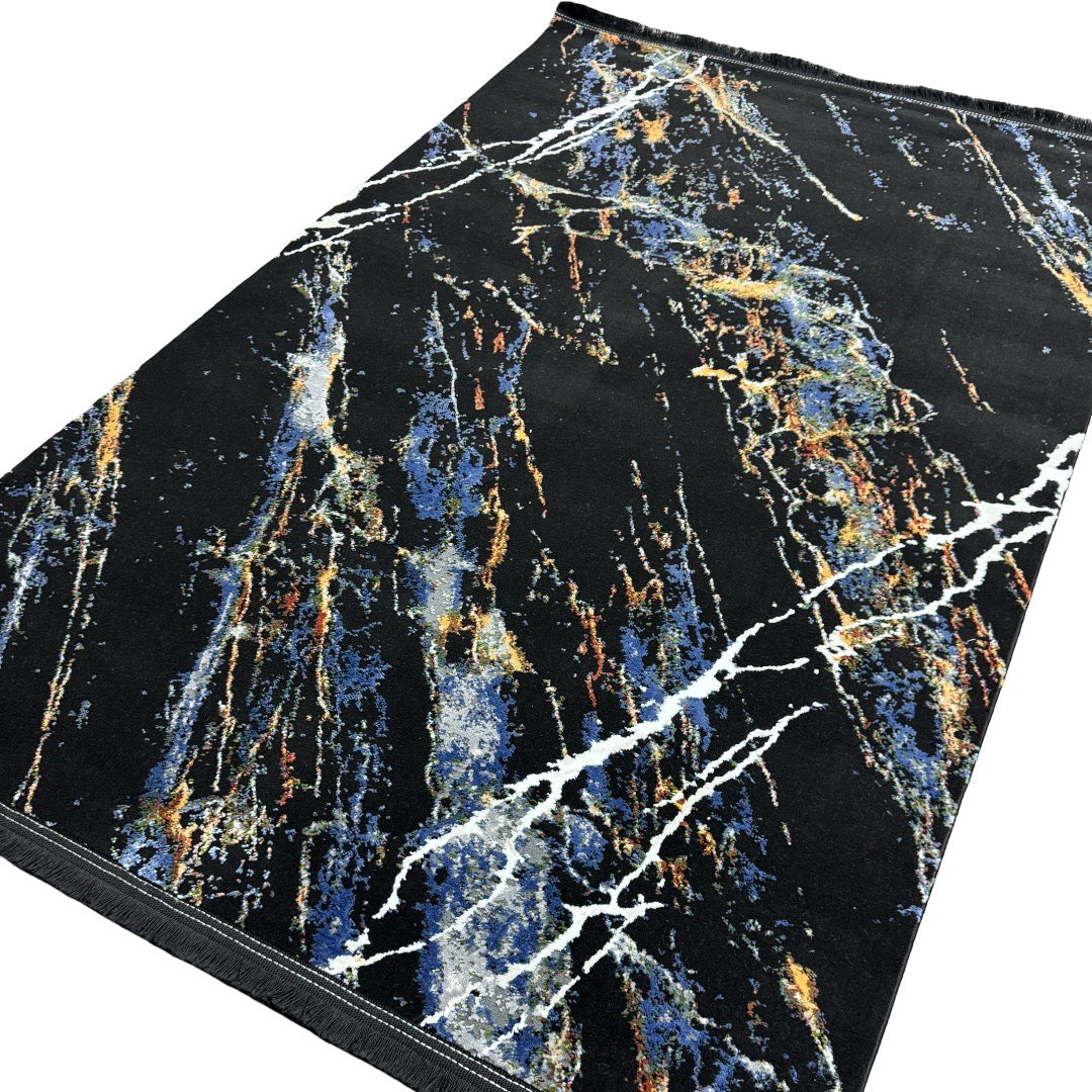 180 x 120 cm Black Blue Cosmic Marble Pattern Turkish Rug