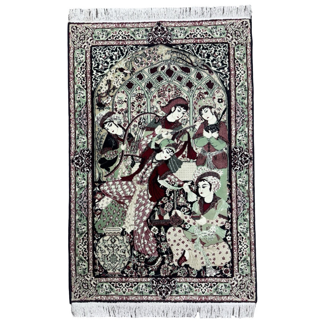 150 x 100 cm Persian Storytelling Rug – Sage Green & Burgundy