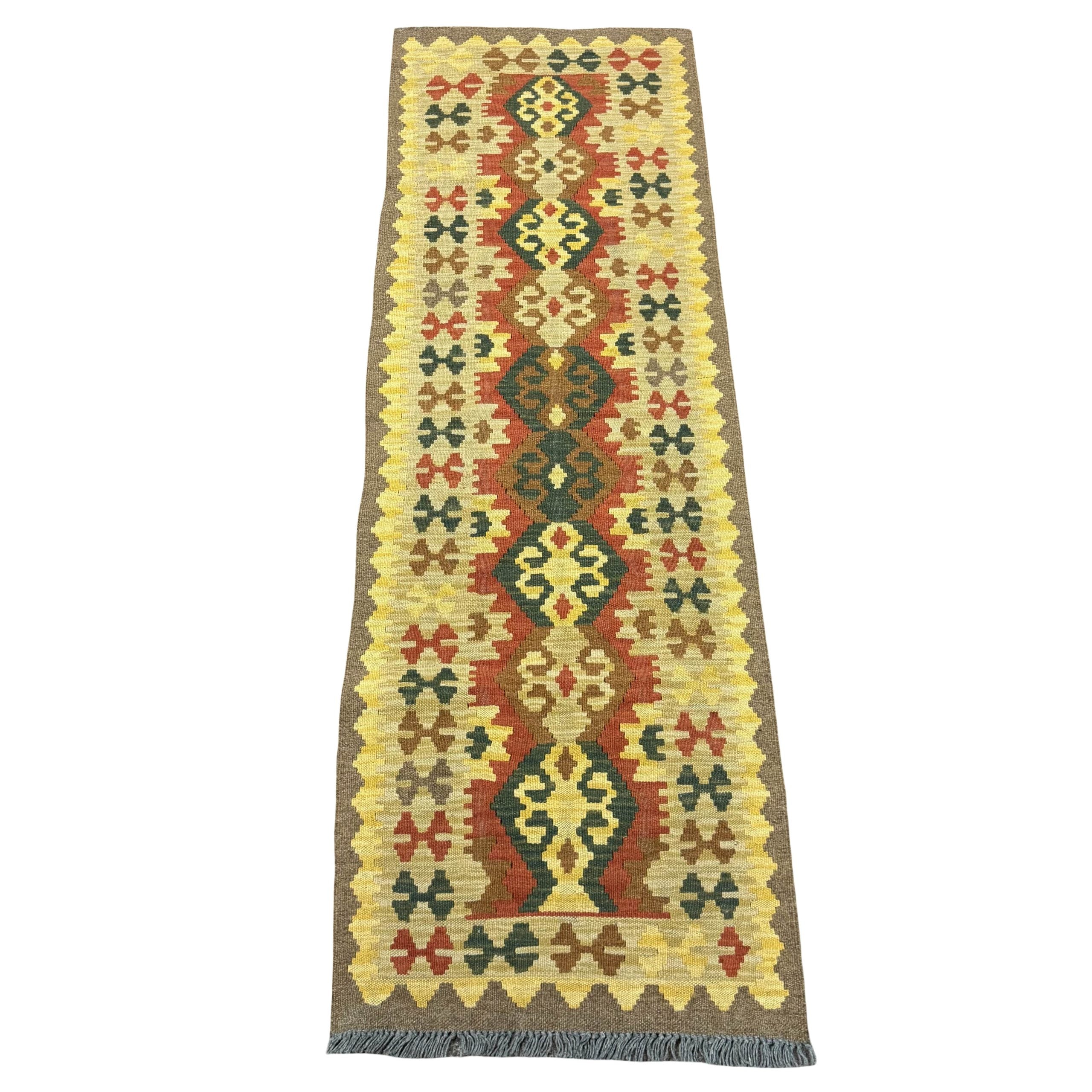 183 x 60 cm Hand-Woven Afghan Kilim Runner Rug – Wool Flatweave