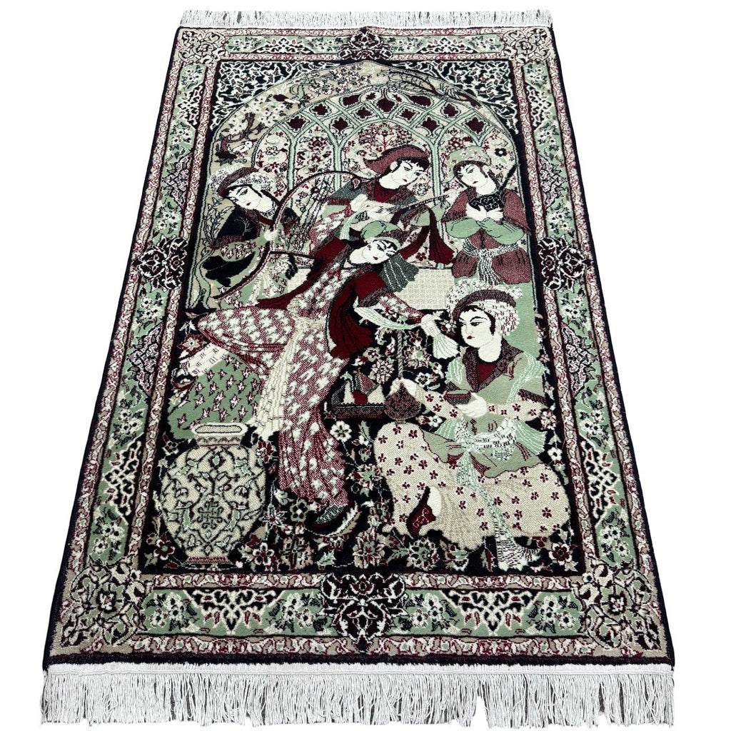 150 x 100 cm Persian Storytelling Rug – Sage Green & Burgundy