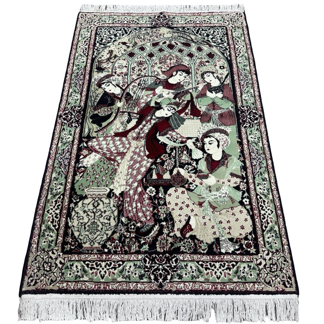 150 x 100 cm Persian Storytelling Rug – Sage Green & Burgundy