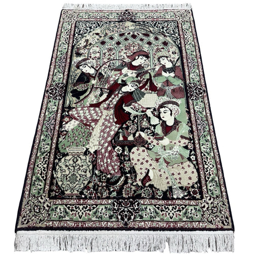 150 x 100 cm Persian Storytelling Rug – Sage Green & Burgundy