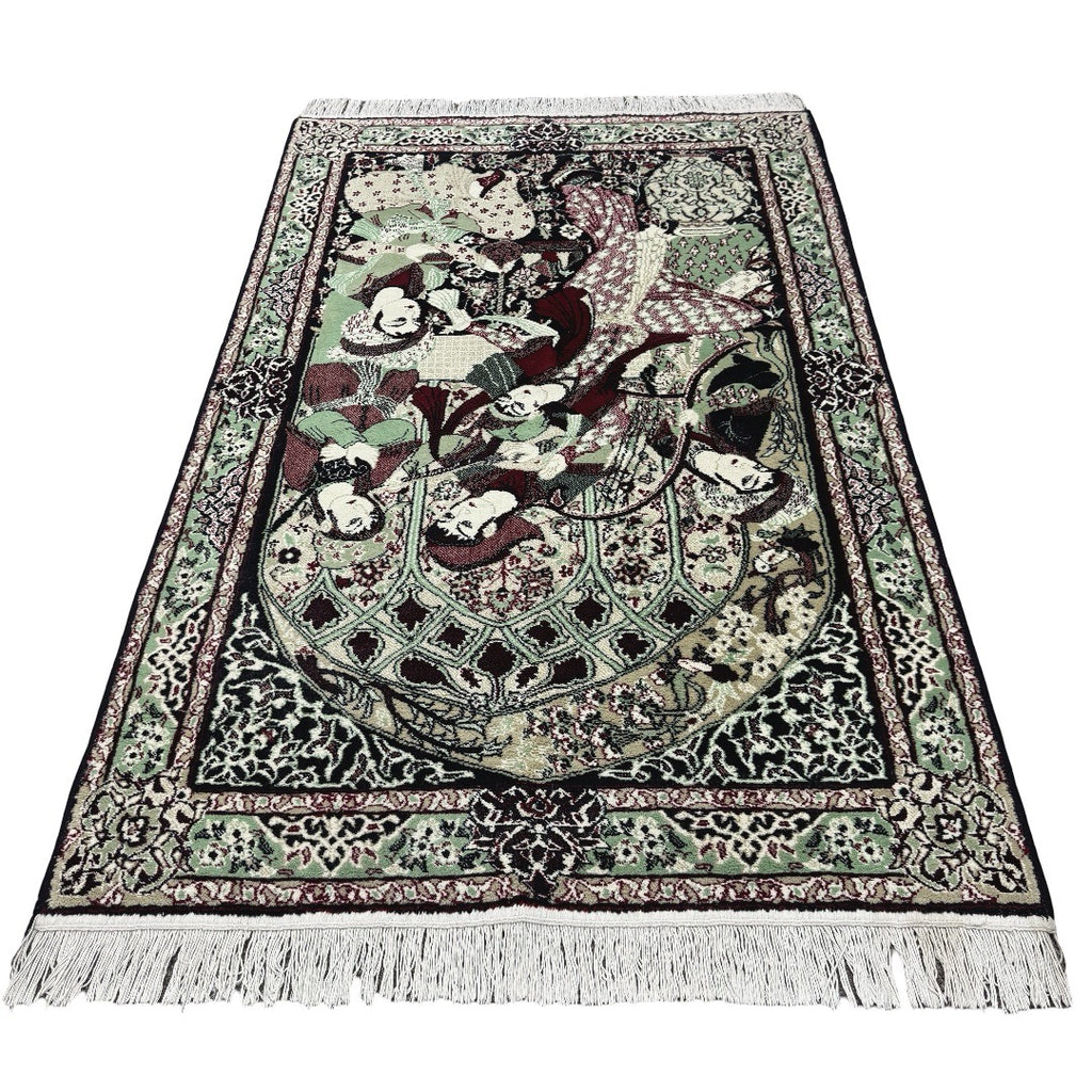 150 x 100 cm Persian Storytelling Rug – Sage Green & Burgundy