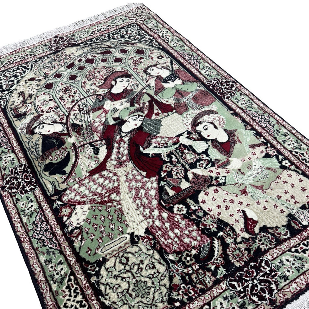 150 x 100 cm Persian Storytelling Rug – Sage Green & Burgundy