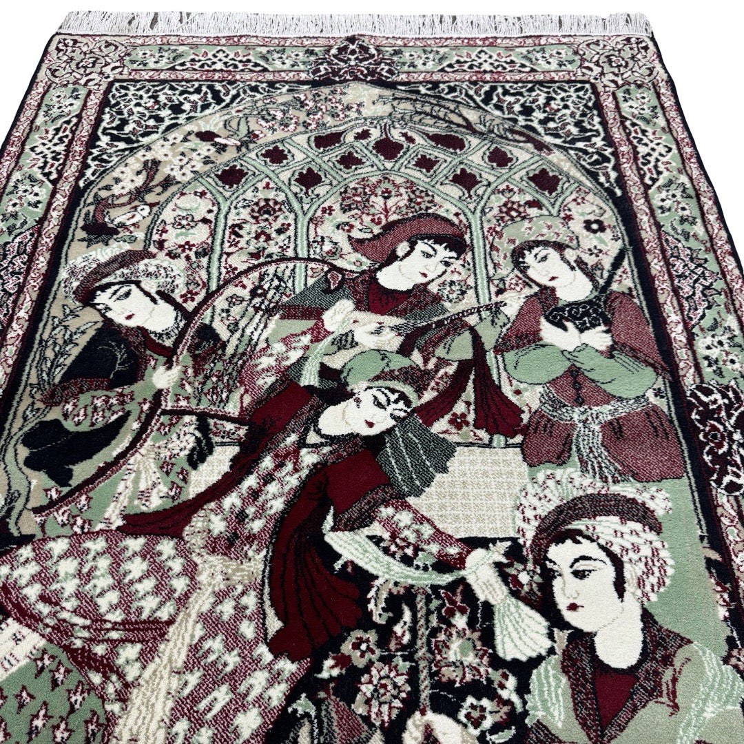 150 x 100 cm Persian Storytelling Rug – Sage Green & Burgundy