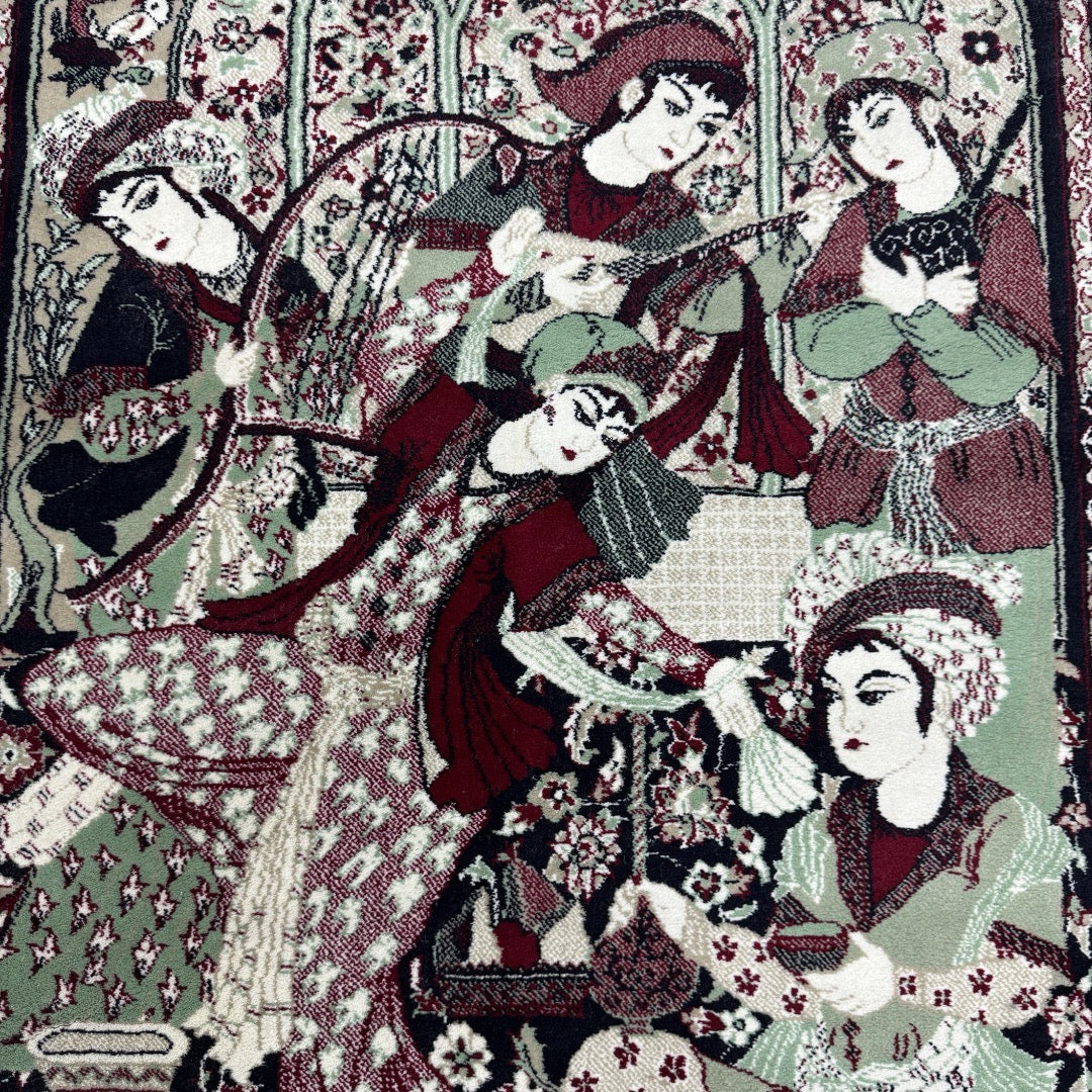 150 x 100 cm Persian Storytelling Rug – Sage Green & Burgundy