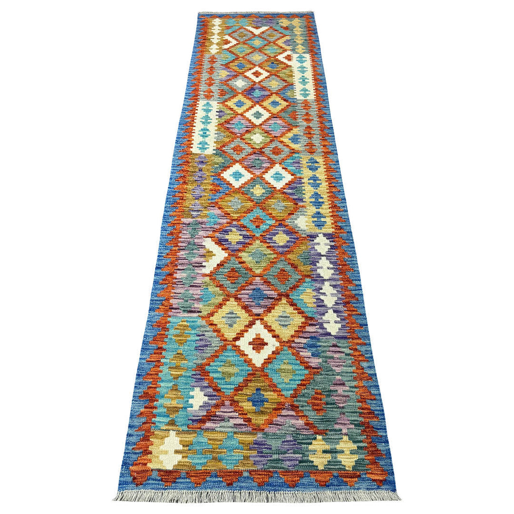 293 x 77 cm Hand-Woven Afghan Kilim Runner Rug – Wool Flatweave