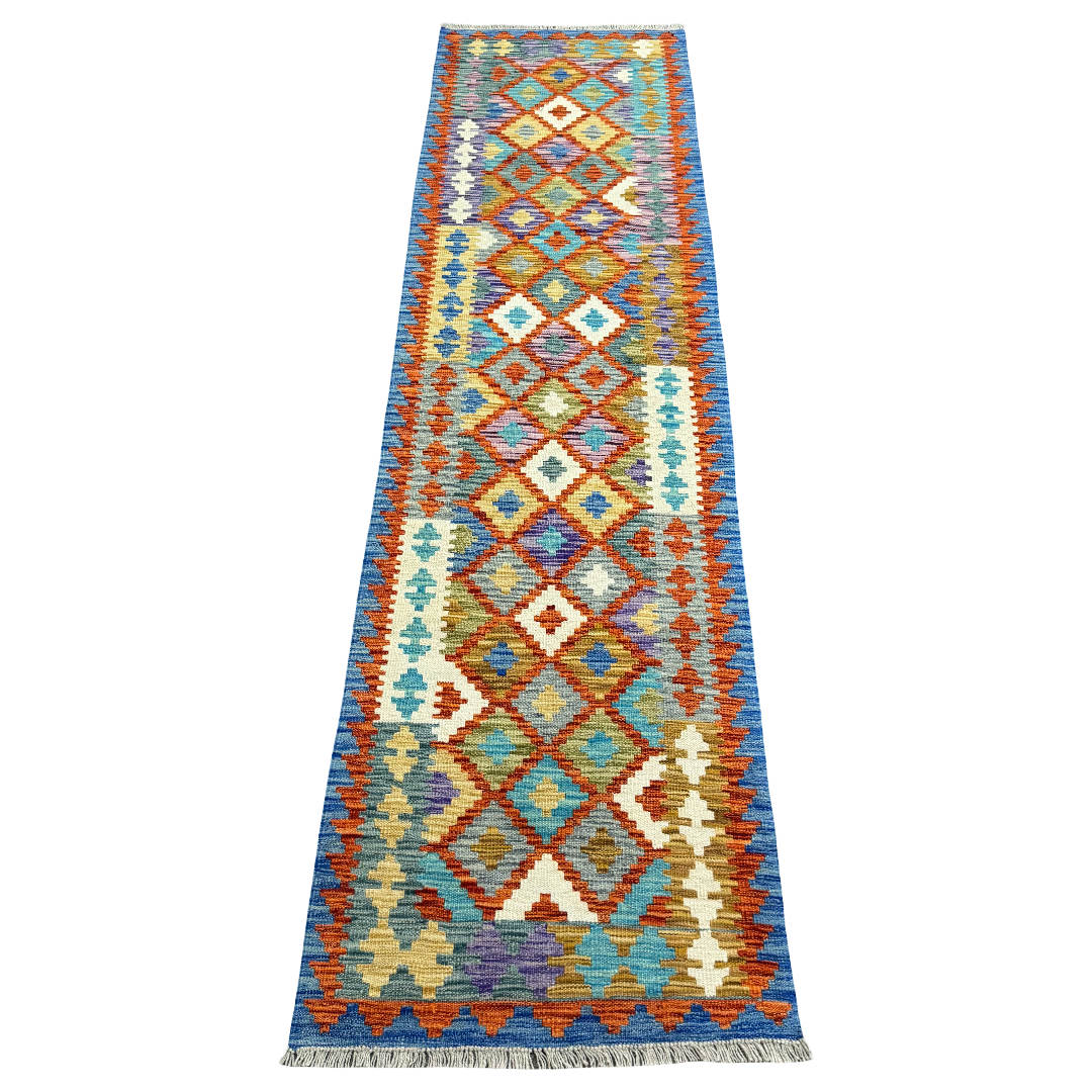 293 x 77 cm Hand-Woven Afghan Kilim Runner Rug – Wool Flatweave