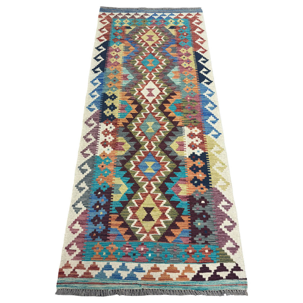 196 x 85 cm Hand-Woven Afghan Kilim Runner Rug – Wool Flatweave