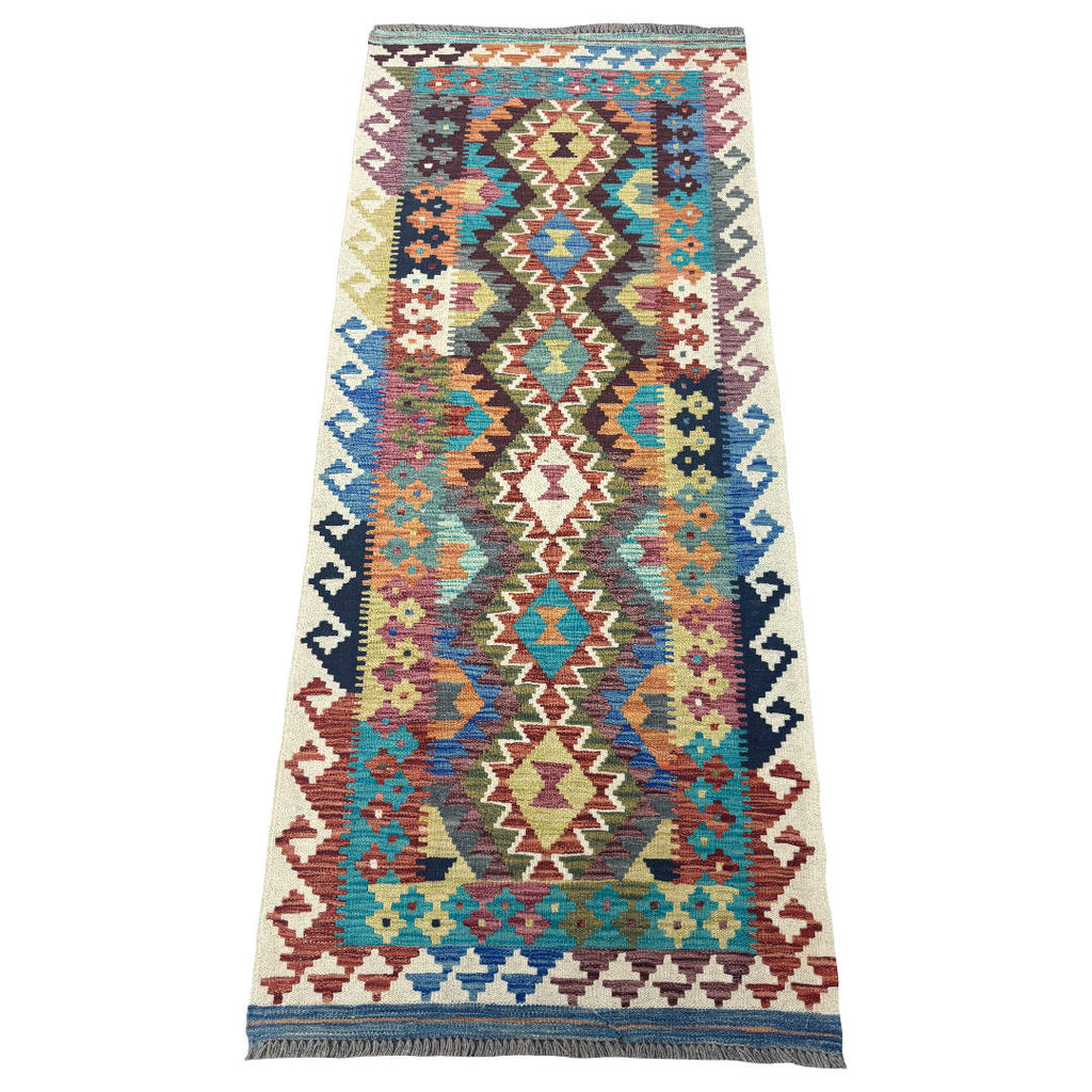 196 x 85 cm Hand-Woven Afghan Kilim Runner Rug – Wool Flatweave