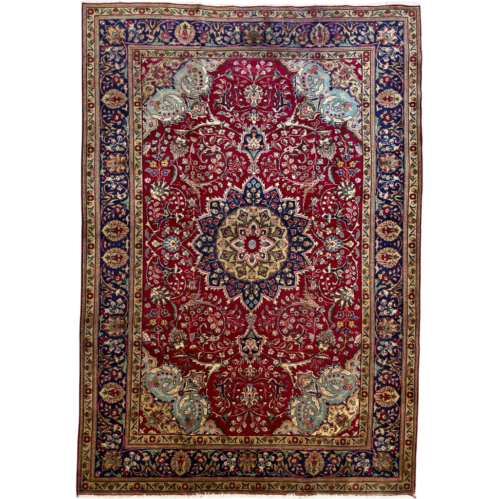 290 x 200 cm Persian Tabriz Hand-Knotted Wool Rug – Red & Navy