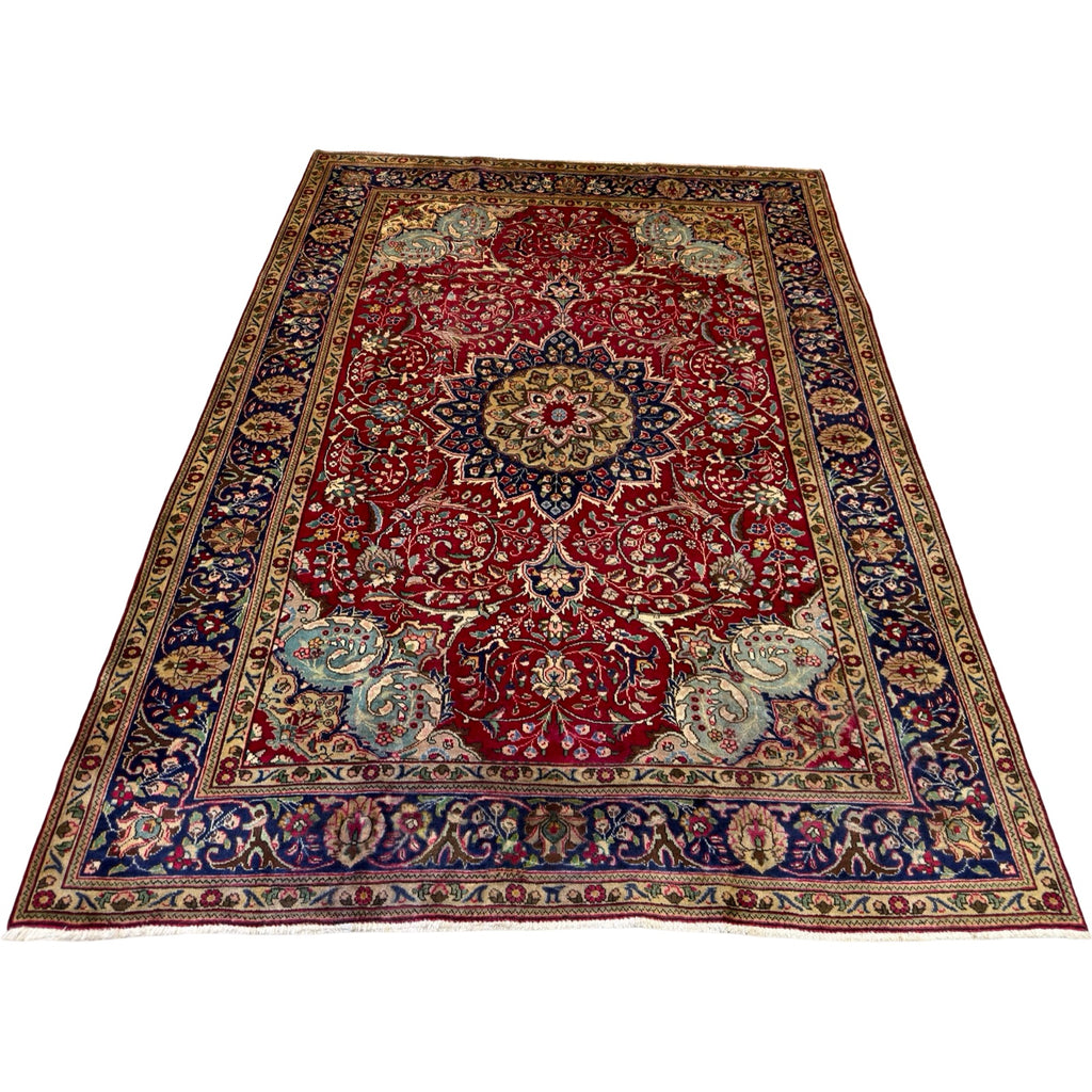 290 x 200 cm Persian Tabriz Hand-Knotted Wool Rug – Red & Navy