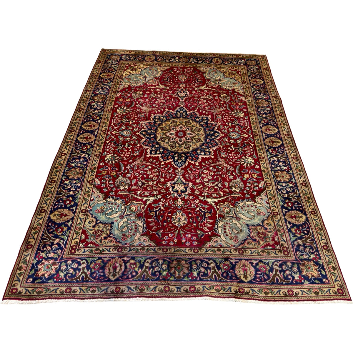 290 x 200 cm Persian Tabriz Hand-Knotted Wool Rug – Red & Navy