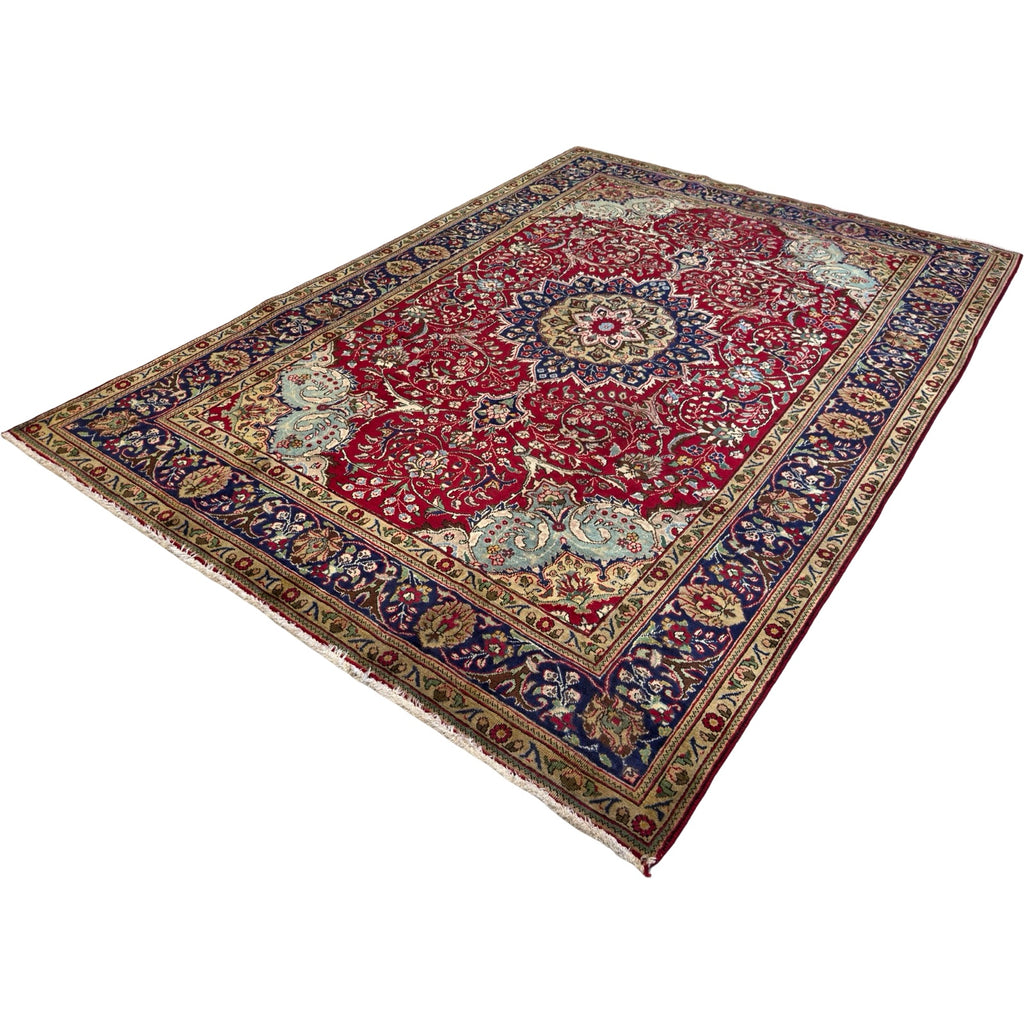 290 x 200 cm Persian Tabriz Hand-Knotted Wool Rug – Red & Navy