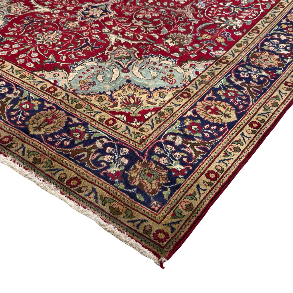 290 x 200 cm Persian Tabriz Hand-Knotted Wool Rug – Red & Navy