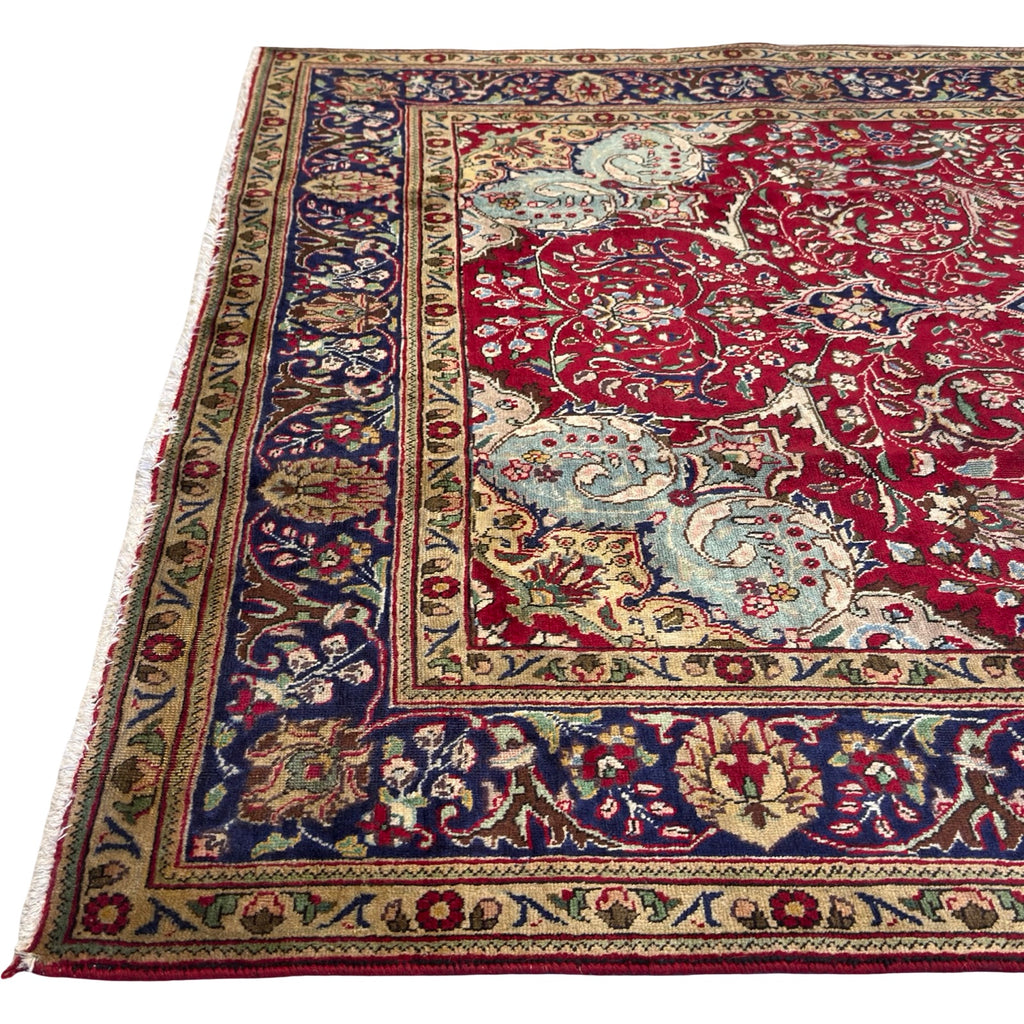 290 x 200 cm Persian Tabriz Hand-Knotted Wool Rug – Red & Navy