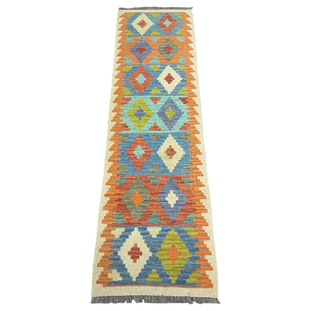 238 x 72 cm Hand-Woven Afghan Kilim Runner Rug – Wool Flatweave