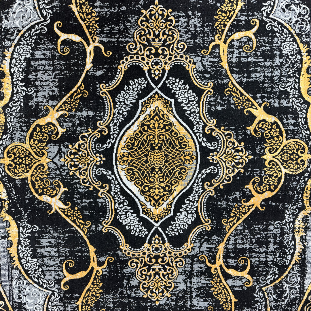 230 x 160 cm Black & Gold Distressed Medallion Fringeless Persian Style Rug